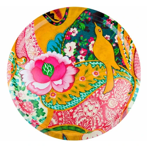 Vent De Bohème Plateau Rond 46cm Feuilles De Bois Motif Design Fleuri