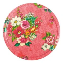 Vent De Bohème Plateau Rond 46cm Feuilles De Bois Motif Fleuri Corail