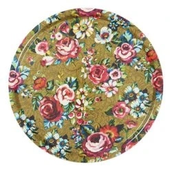 Vent De Bohème Plateau Rond 46cm Feuilles De Bois Motif Fleuri Dore