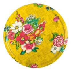 Vent De Bohème Plateau Rond 46cm Feuilles De Bois Motif Fleuri Jaune