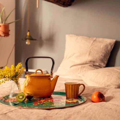 Vent De Bohème Plateau Rond 46cm Feuilles De Bois Motif Fleuri Turquoise – Image 2