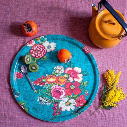 Vent De Bohème Plateau Rond 46cm Feuilles De Bois Motif Fleuri Turquoise – Image 3