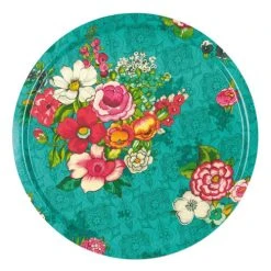 Vent De Bohème Plateau Rond 46cm Feuilles De Bois Motif Fleuri Turquoise