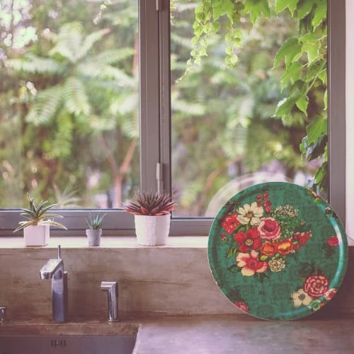 Vent De Bohème Plateau Rond 46cm Feuilles De Bois Motif Fleuri Turquoise – Image 5