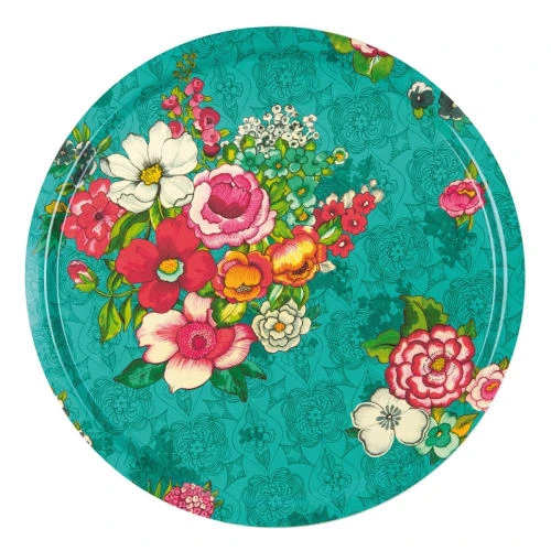 Vent De Bohème Plateau Rond 46cm Feuilles De Bois Motif Fleuri Turquoise
