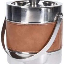 Wadiga Seau à Glaçons Double Paroi En Métal Chromé Et Similicuir Marron