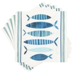 Maisons Du Monde Serviettes En Papier Blanc Motifs Poissons Bleus (x20) - Lot De 2