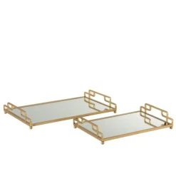 LANADECO Set De 2 Plateaux Rectangulaires En Métal Doré Et Verre