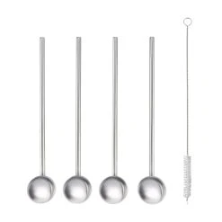 MetalTex Set De 4 Pailles Et Mélangeurs 2 En 1 Inox Avec Goupillon Argent